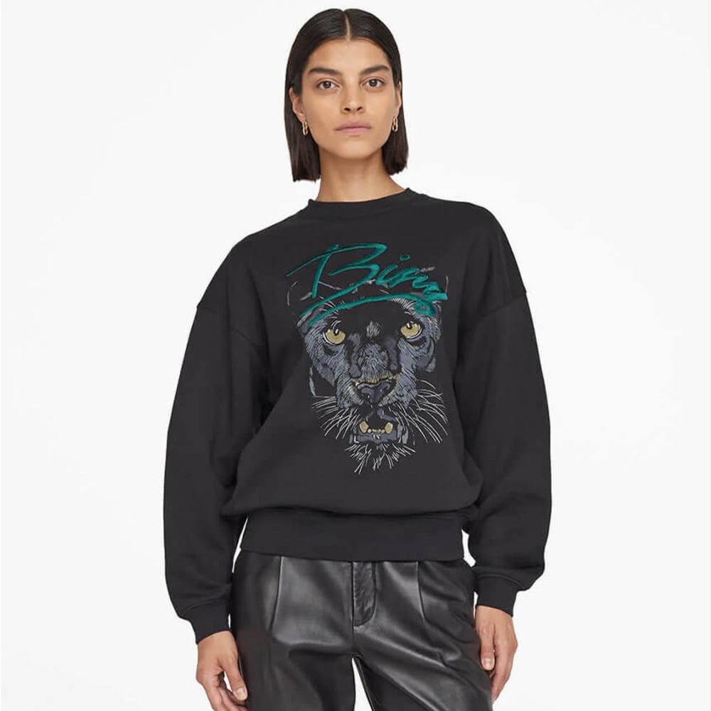 NWT Anine Bing Kenny Panther Embroidered Sweatshirt Color Black Size Small